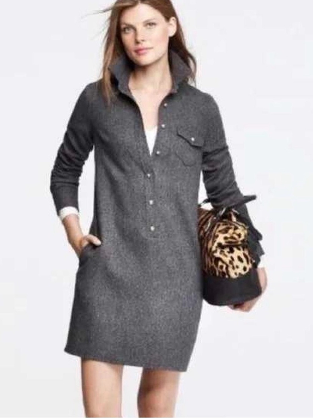 J. Crew Size 10 100% Wool Herringbone Shirt Dress Dark Grey Gold Buttons Pockets